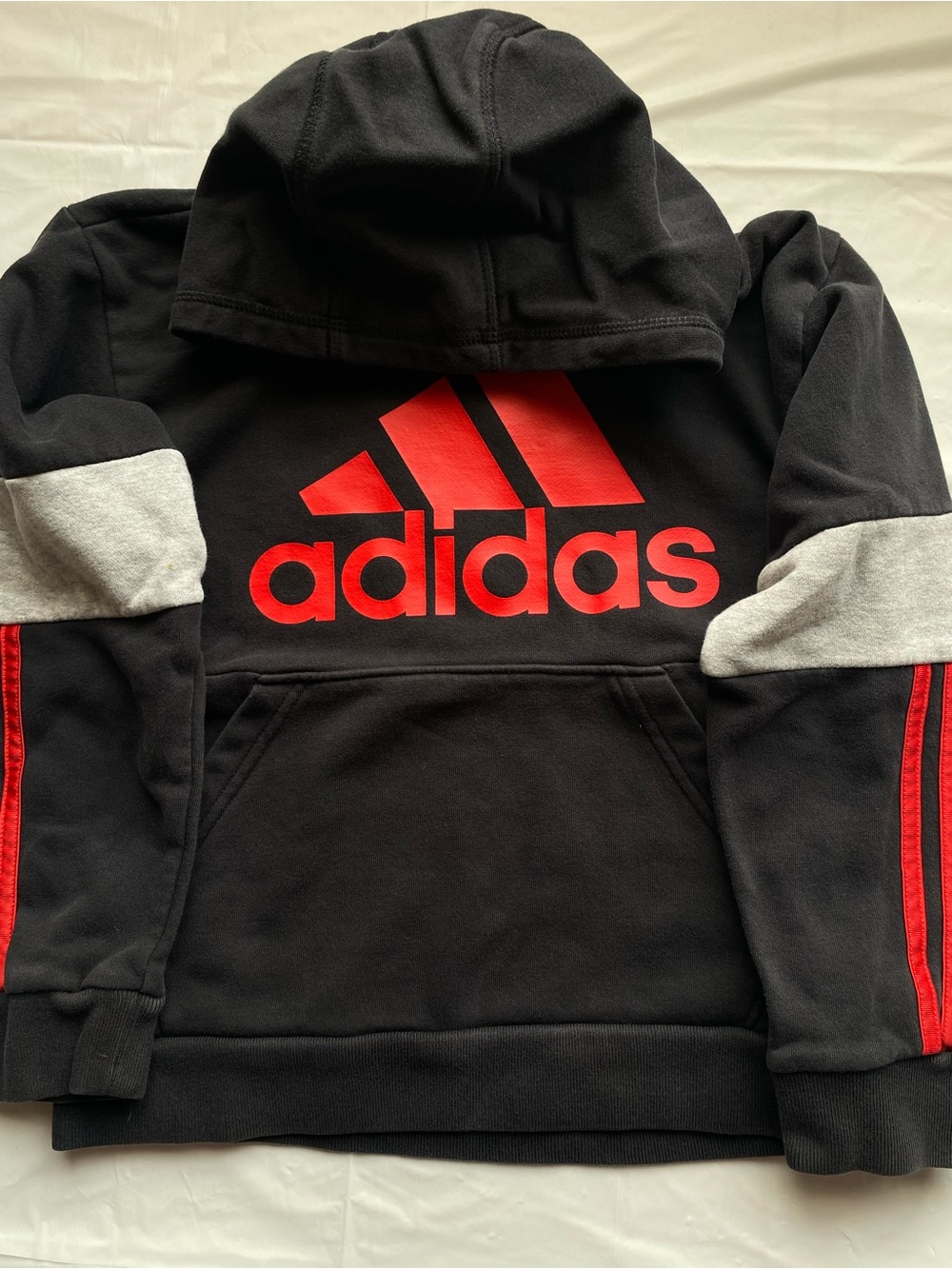 Adidas Boys Colorblock Fleece Hoodie Black Red Gray 3 Stripe Pullover Size 8
